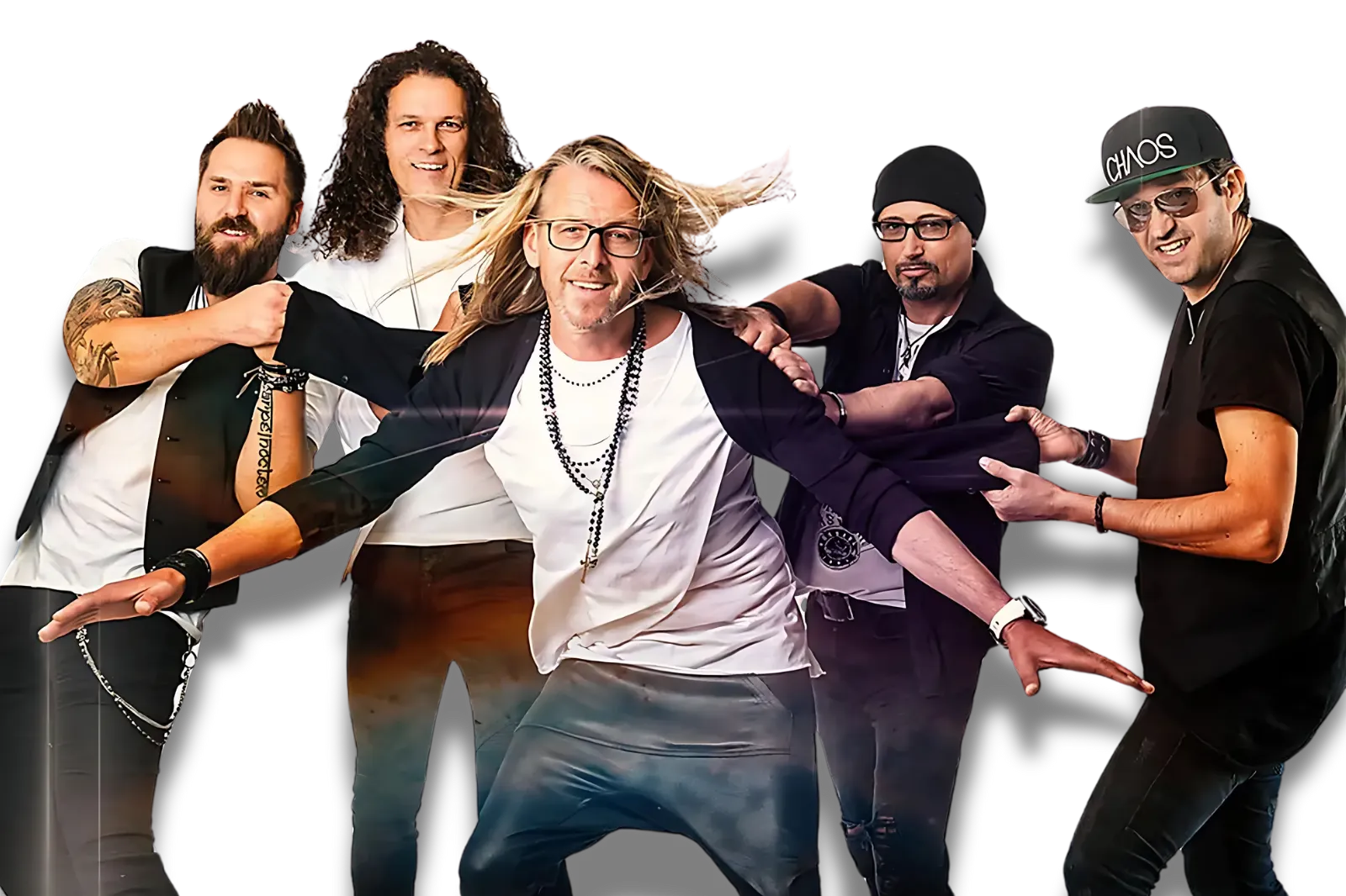 Die fünf Musiker von Meilenstein in Bühnenpose